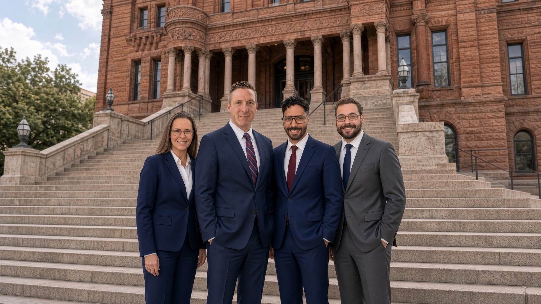 Patricia Stevens, Chase Butler, Christopher Correa, and Parker Yuchinski outside the Bexar County Courthouse